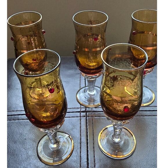 5 1930 Murano Tulip Cordial Glasses 22k Gold Trim and Filigree w/ Red Jewels - Picture 11 of 15